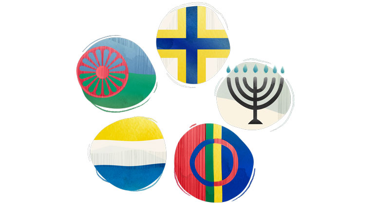Symbolerna för sverigefinnar, judar, samer, tornedalingar och romer, som är Sveriges fem nationella minoriteter.