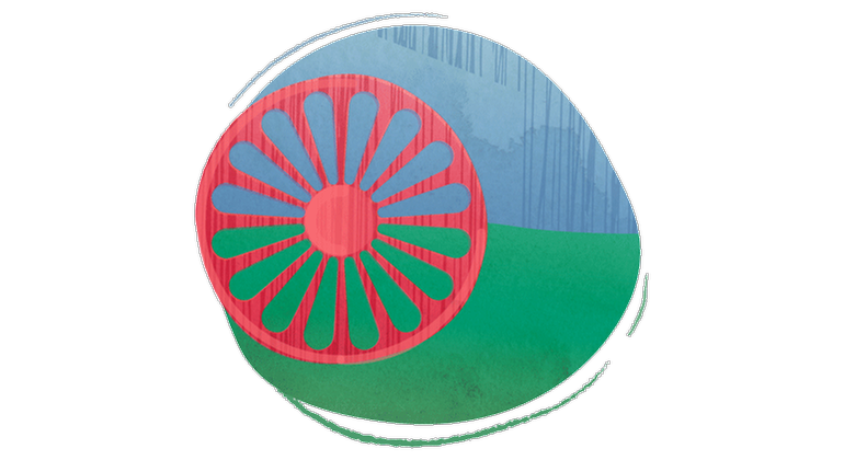 Illustration av romska flaggan i form av en cirkel. Flaggan är blå och grön med ett rött hjul.